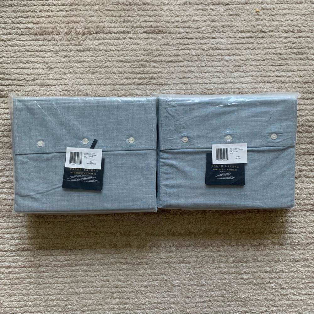 Ralph Lauren Workshirt Chambray Flat & Fitted Sheet NWT Queen